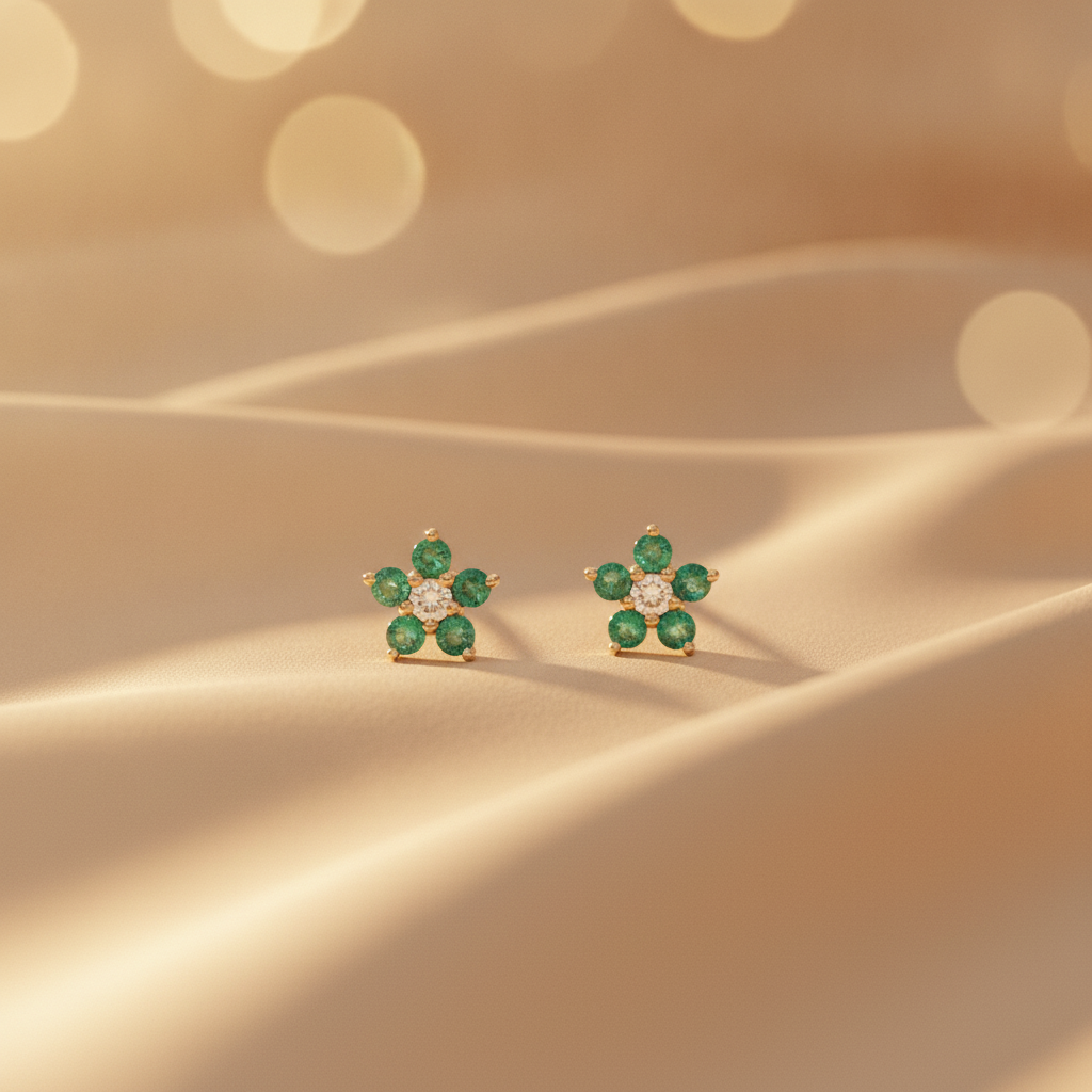 CE97507EM1.8. 14K Solid Gold Diamond and Emerald Flower Stud Earrings