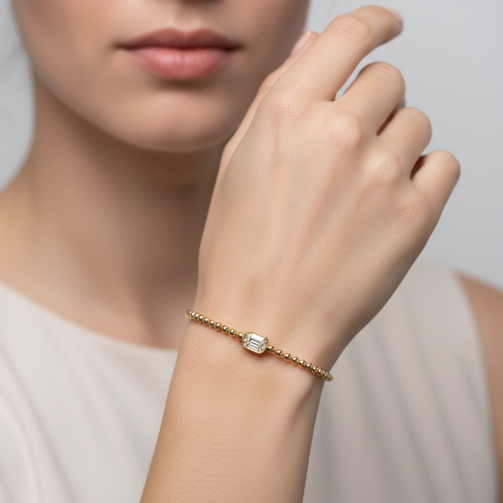 BNB68644. 14K Solid Gold Baguette Diamond Beaded Bangle