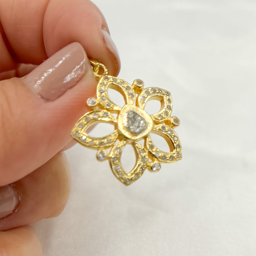 DP218. Polki Diamond & Sterling Silver Flower Pendant with Gemstones
