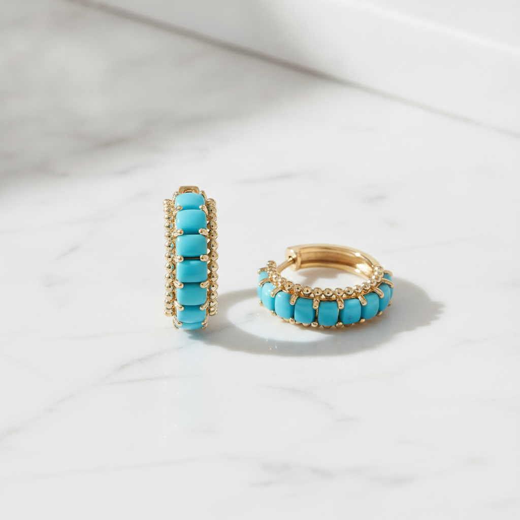 EHZ57696TQ. 14K Solid Gold Turquoise Hoops