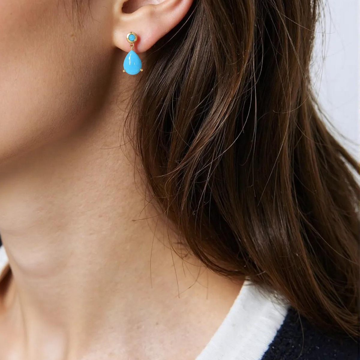 14K Solid Gold Turquoise Drop Dangle Earrings