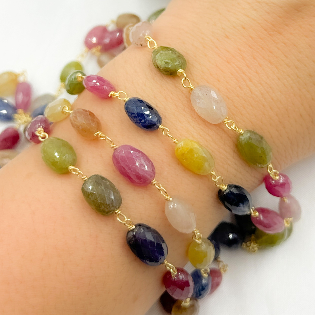 Multi Sapphire Rondel Faceted Gold Plated 925 Sterling Silver Wire Chain.
