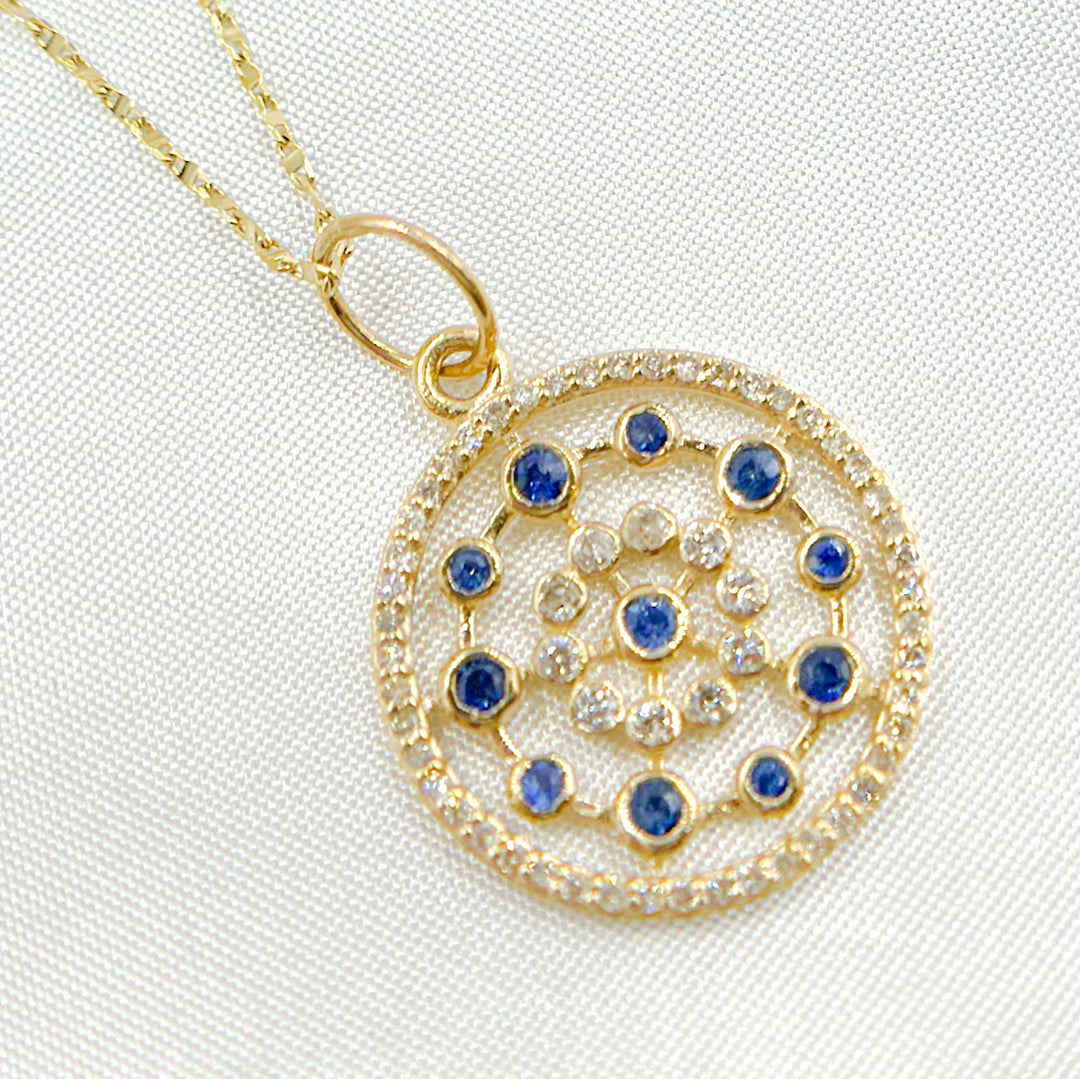 14k Solid Gold Diamond and Blue Sapphire Circle Charm. GDP414