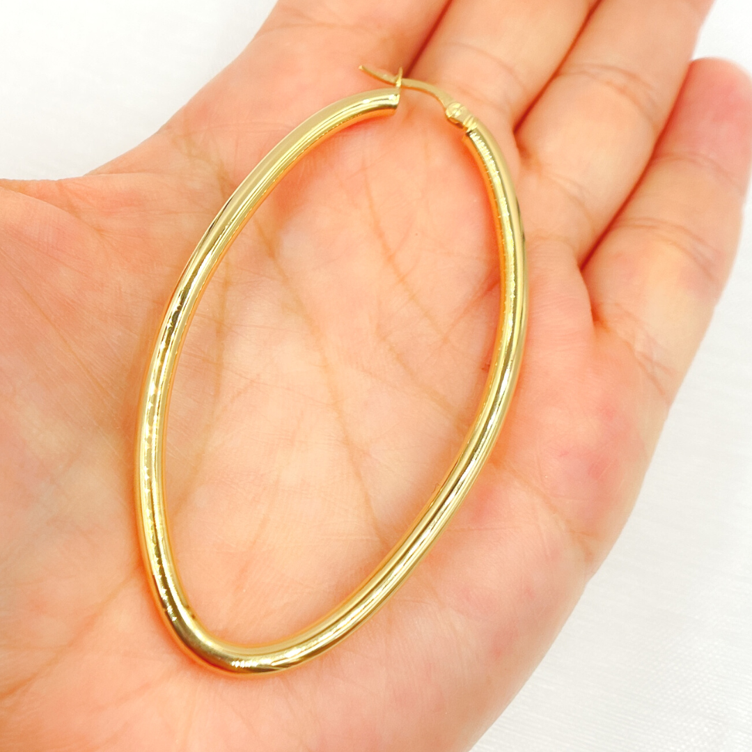 GER152. 14K Solid Gold Hollow Oval Hoop