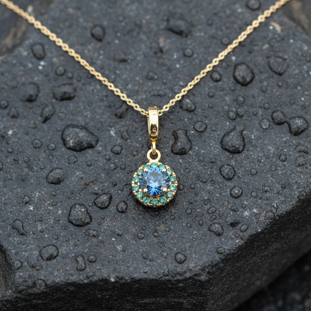 CMF00358B. 14K Solid Gold Blue Natural Diamond Round Charm