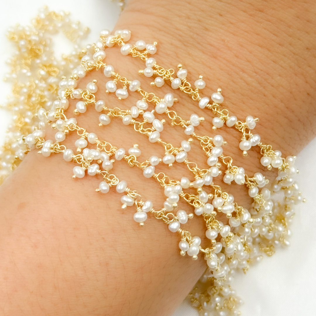 PRL32. Pearl Cluster Dangle Gold Plated Wire Chain