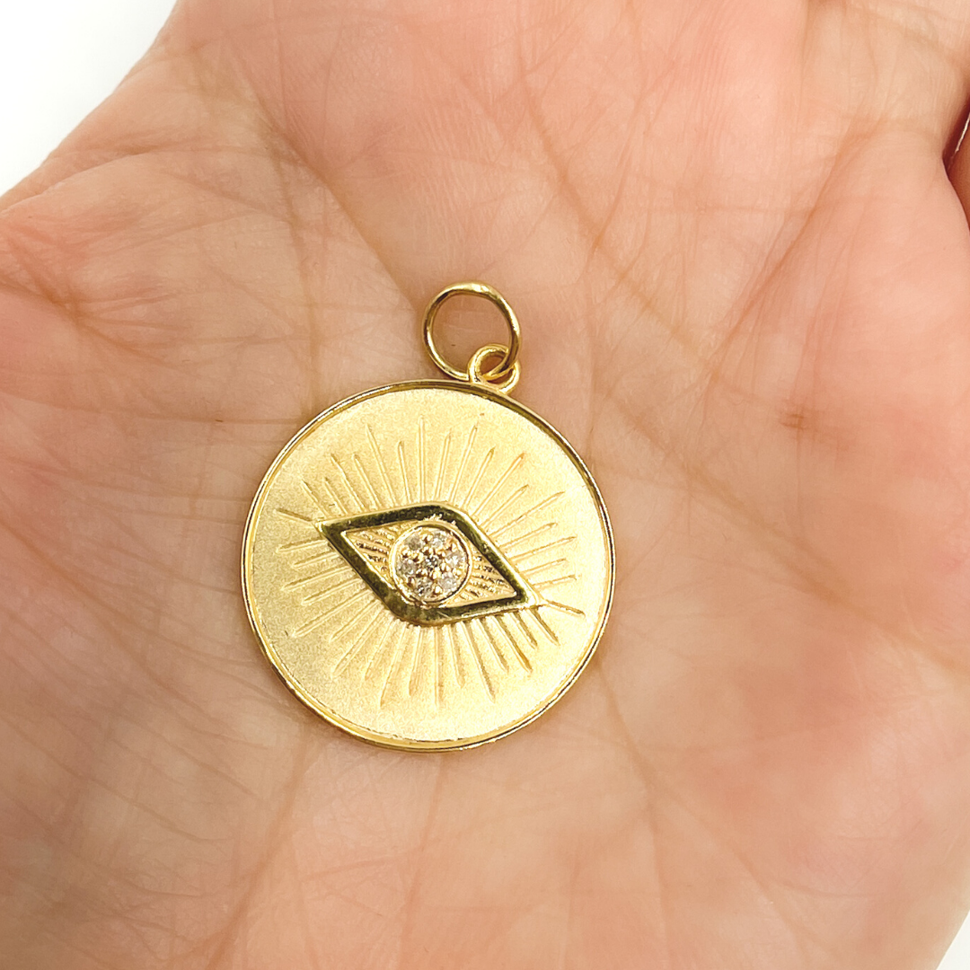 14K Solid Gold with Diamonds Circle Shape Evil Eye Charm. GDP58