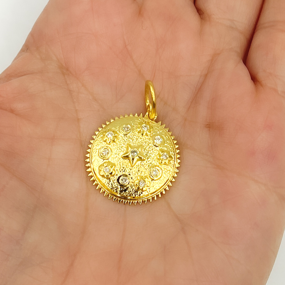 14K Solid Gold Diamond Circle Charm with Stars & Flowers. KG35