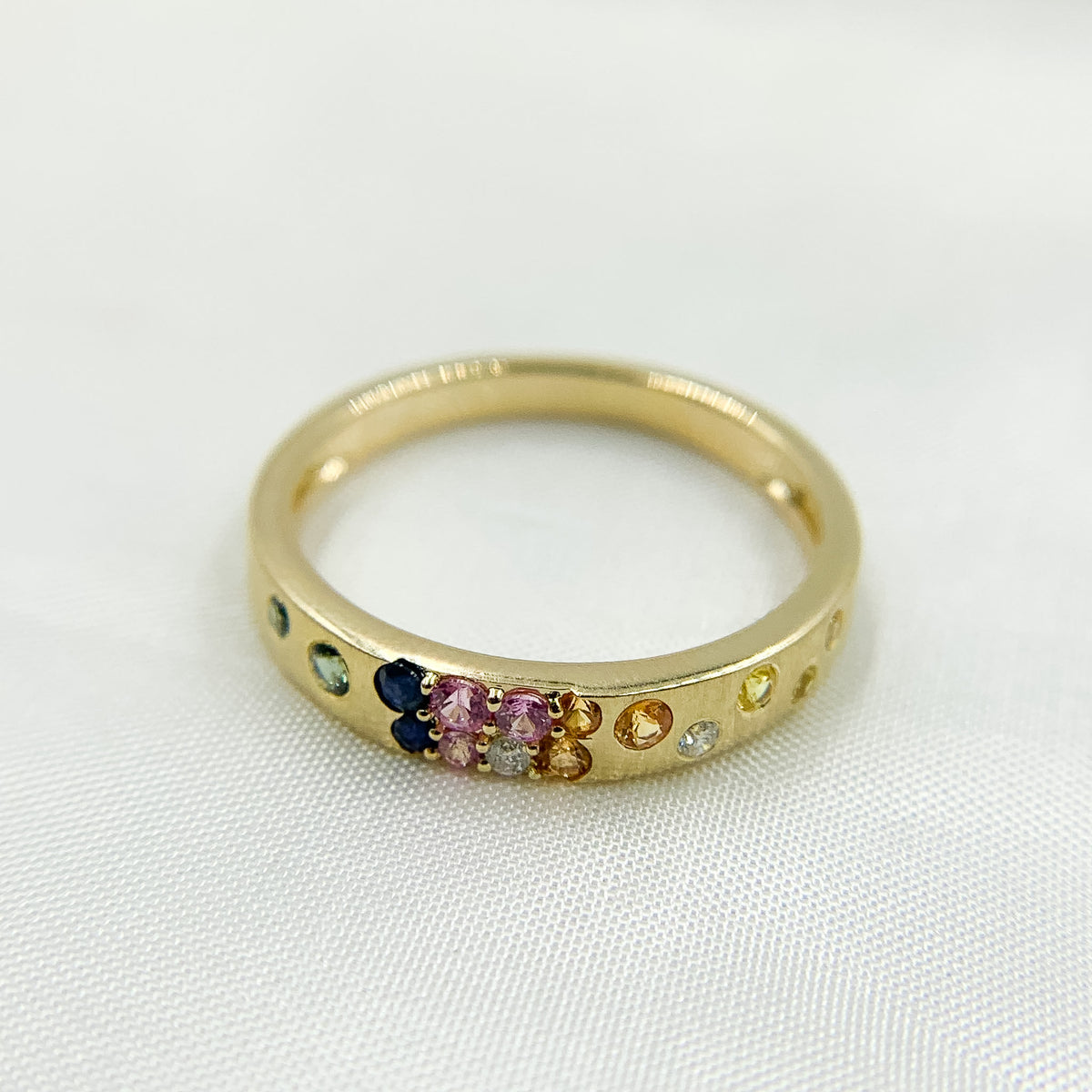 14K Solid Gold Diamond and Multi Sapphire Band Ring.