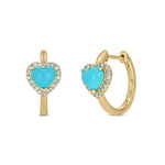 Load image into Gallery viewer, 14k Solid Gold Diamond and Turquoise Heart Hoops. CE96390TQ6
