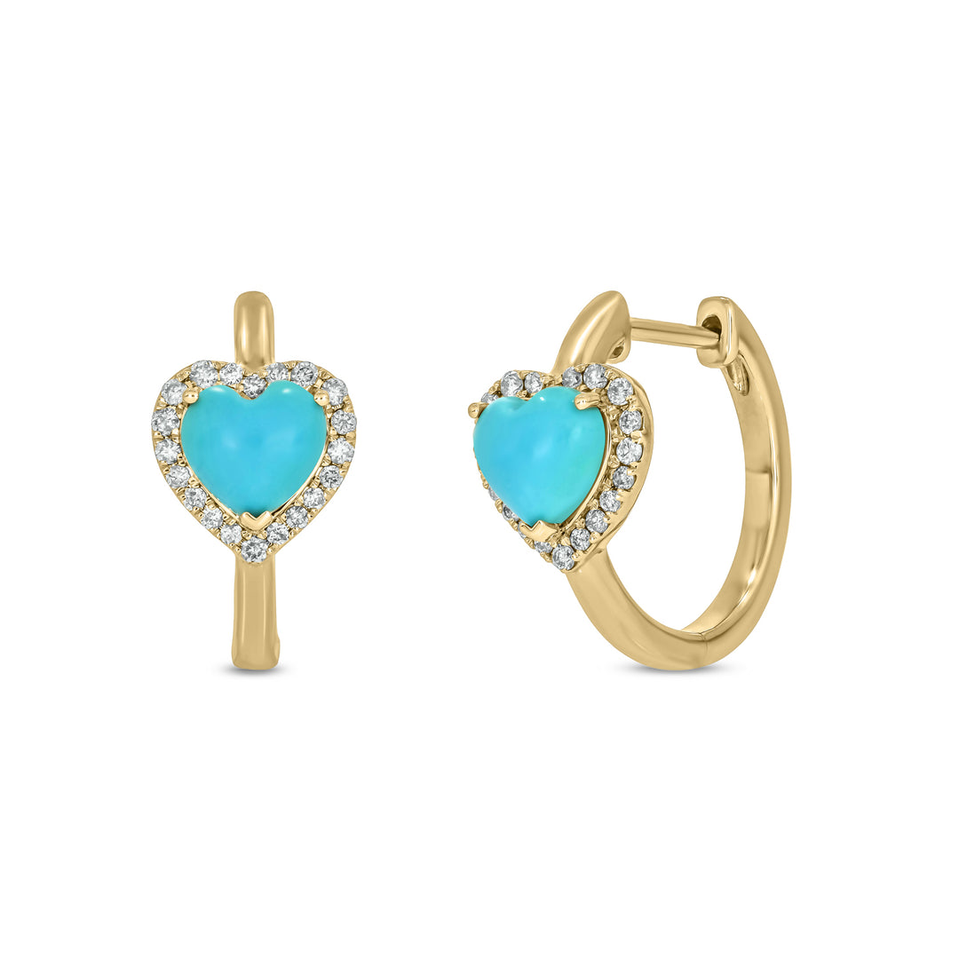 14k Solid Gold Diamond and Turquoise Heart Hoops. CE96390TQ6