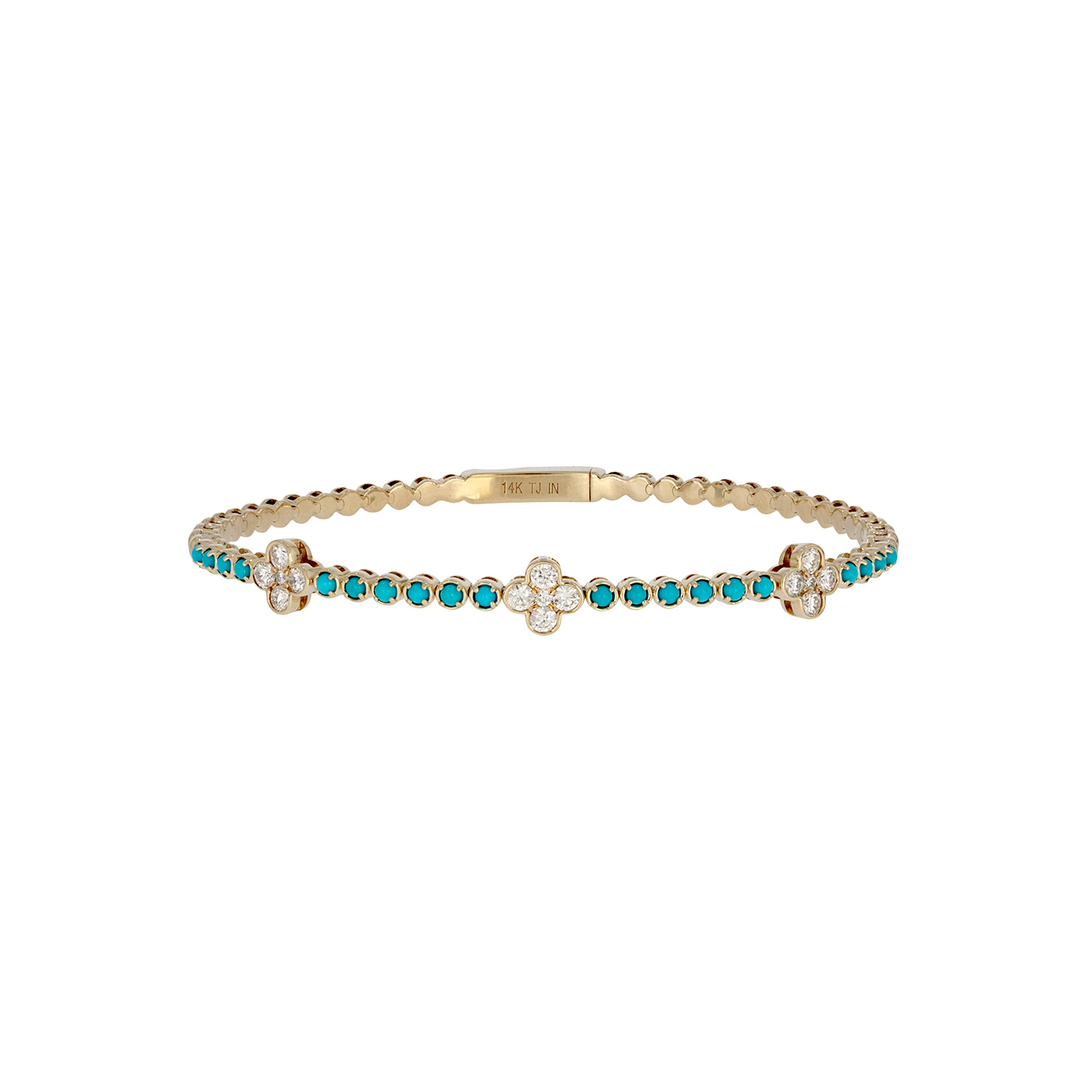 BNH68566TQ. 14K Solid Yellow Gold Diamond and Turquoise Bangle