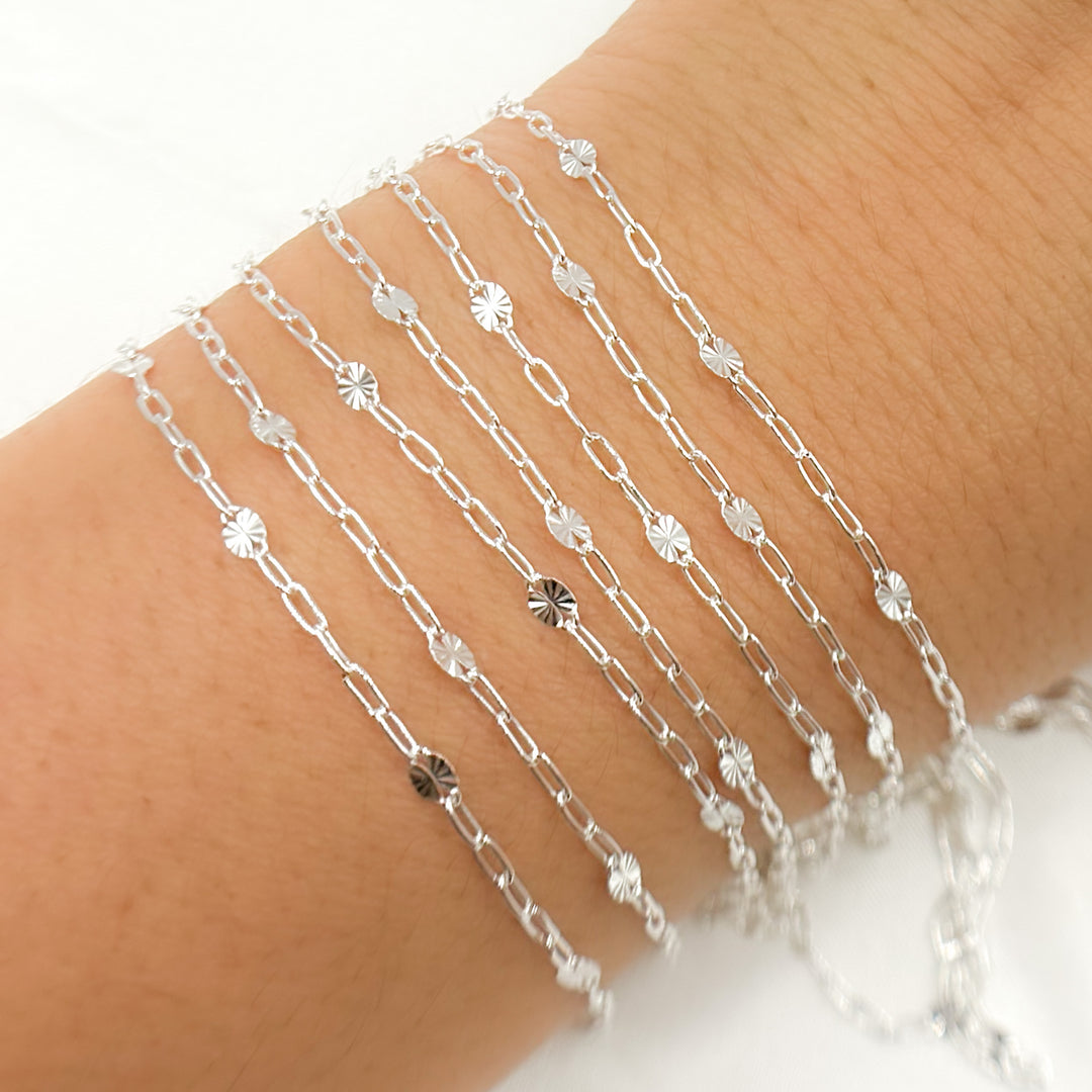 V241SS. Sterling Silver Smooth Paperclip and Diamond Cut Marina Link Chain