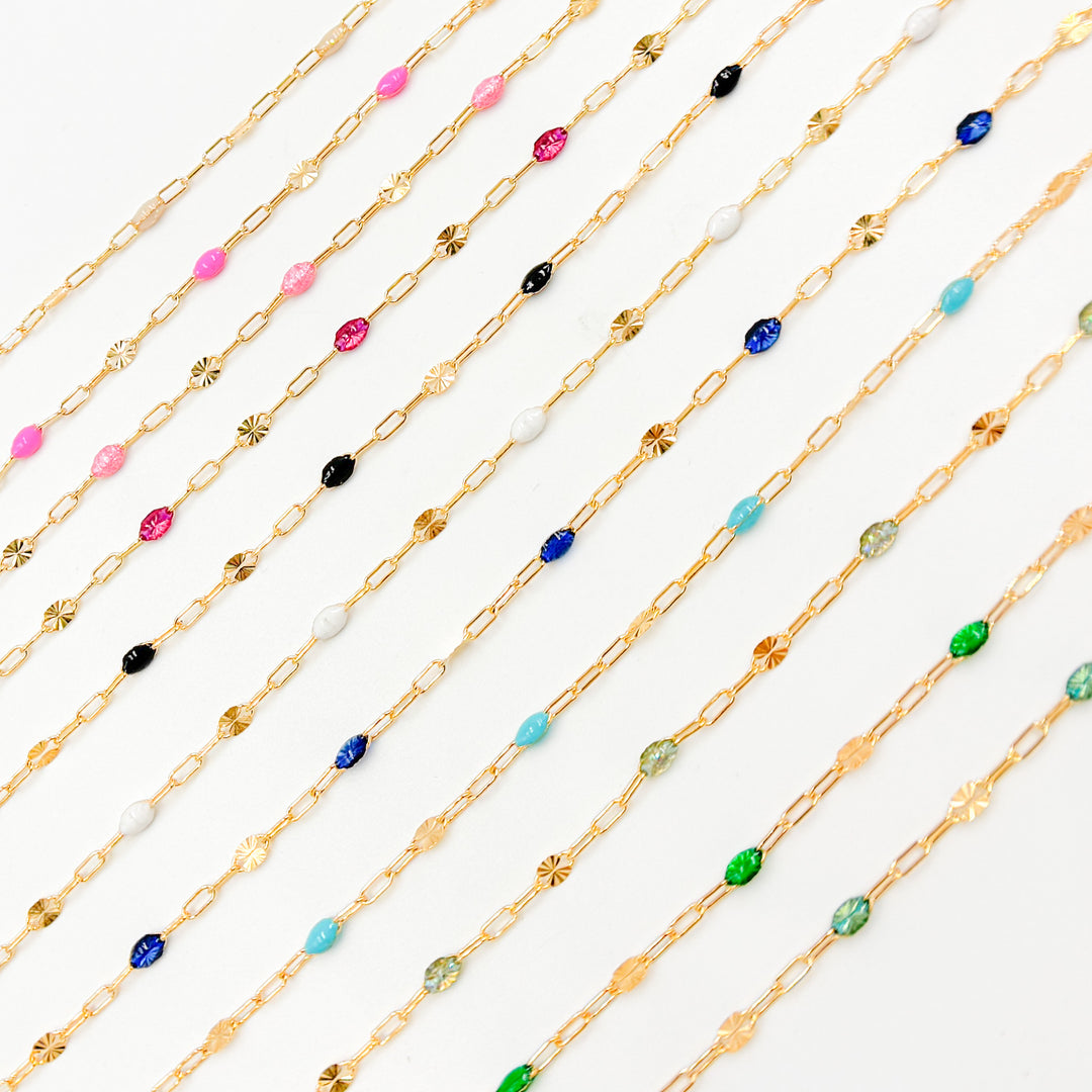 V295TURGF. 14K Gold Filled Turquoise Color Enamel with Paperclip and Diamond Cut Marina Links