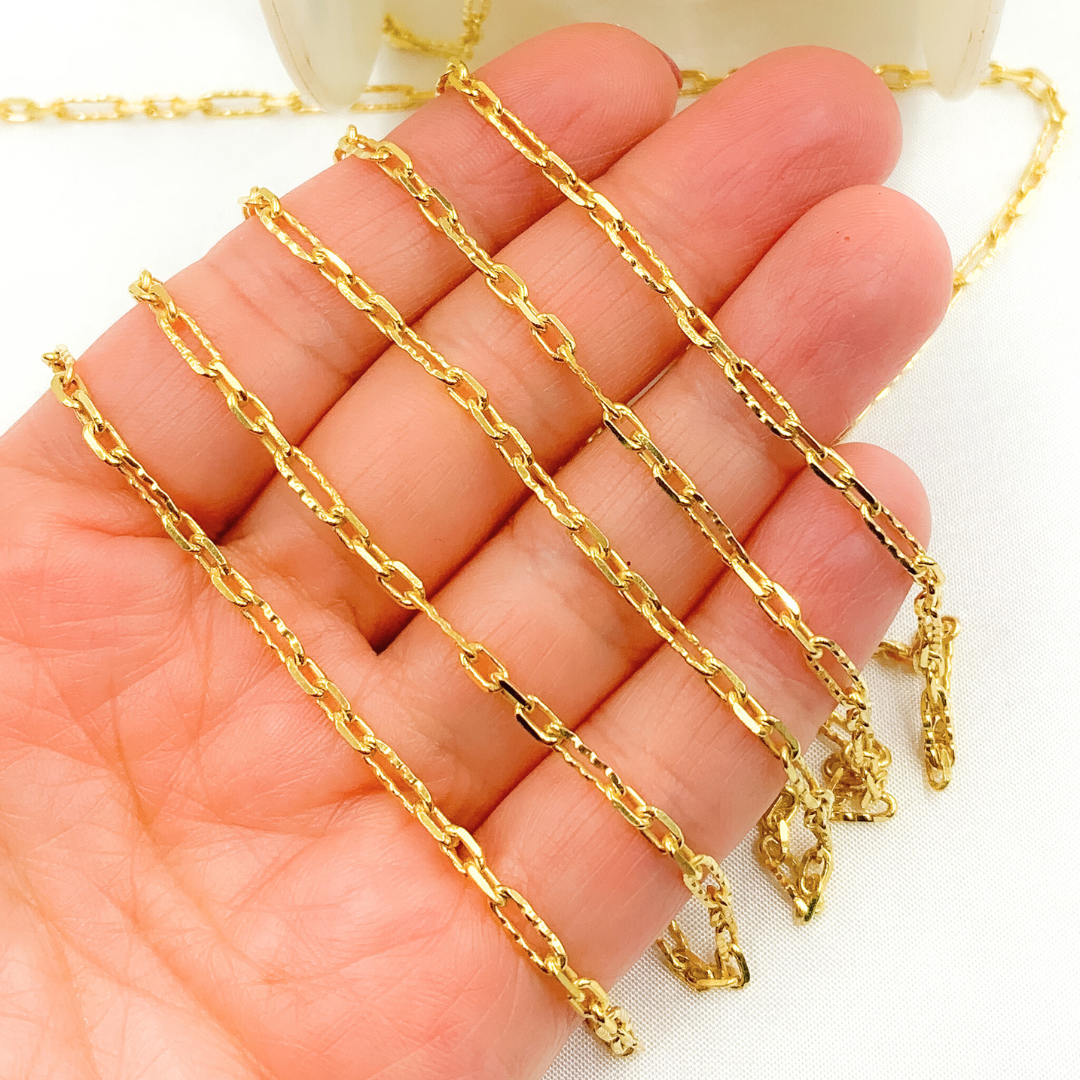 Gold Plated 925 Sterling Silver Hammered Long & Short Oval Link Chain