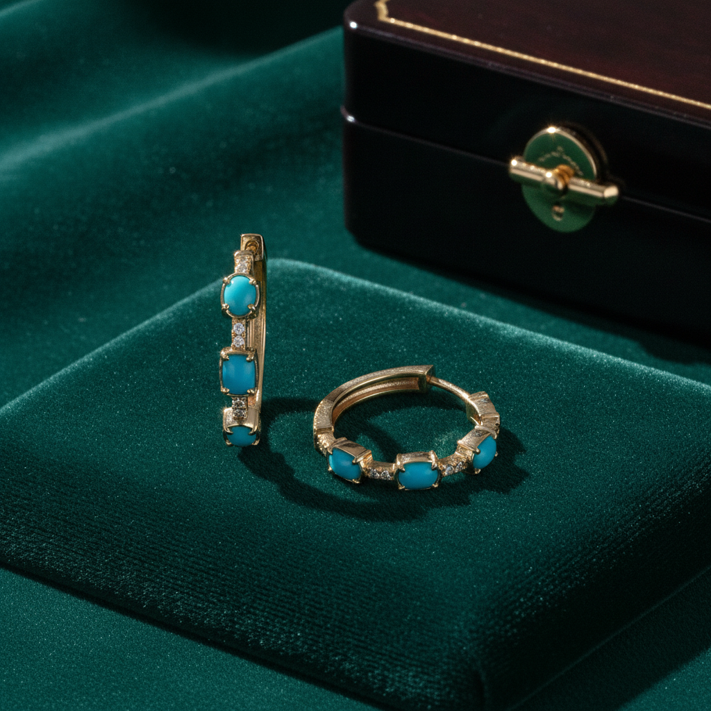 EHB57701TQ. 14K Solid Gold Turquoise and Diamond Hoops