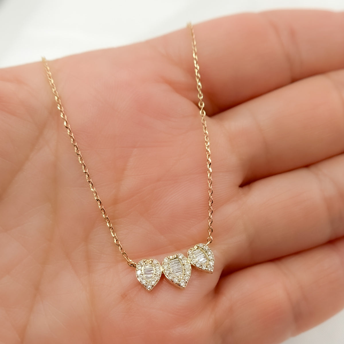 14K Solid Gold Diamond 3 Leaf Necklace