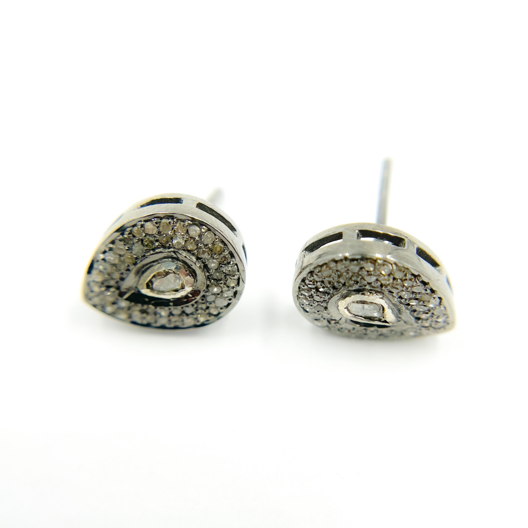 DE041. Pave Diamond and Dark Polka Diamond Silver Drop Studs