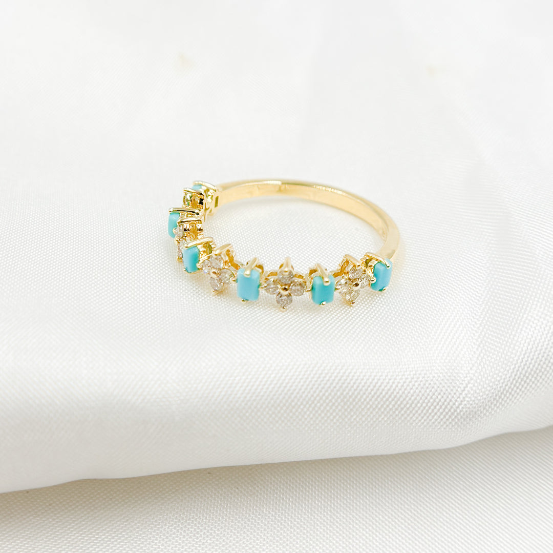 RAF01630TQ. 14K Solid Yellow Gold Diamond and Turquoise Flower and Baguette Ring
