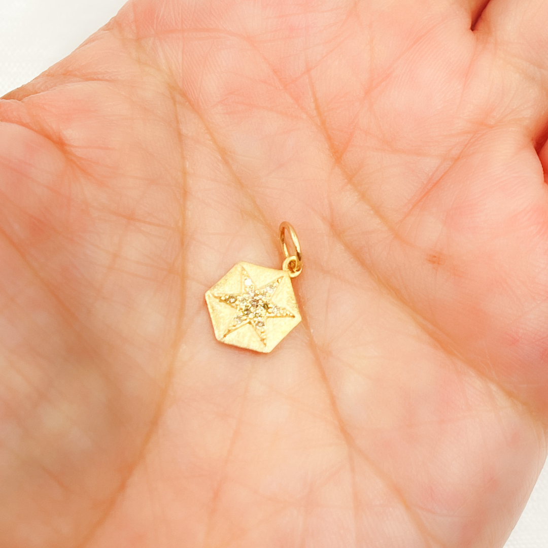 14K Solid Gold Diamond Hexagon Charm with Star in the Center. GDP426