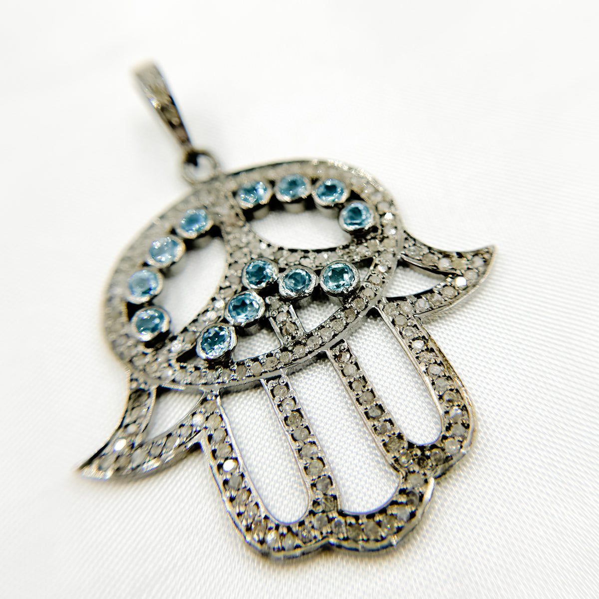 DP2005. Diamond Sterling Silver Hamsa Pendant with Gemstone