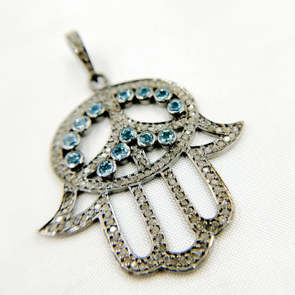 DP2005. Diamond Sterling Silver Hamsa Pendant with Gemstone