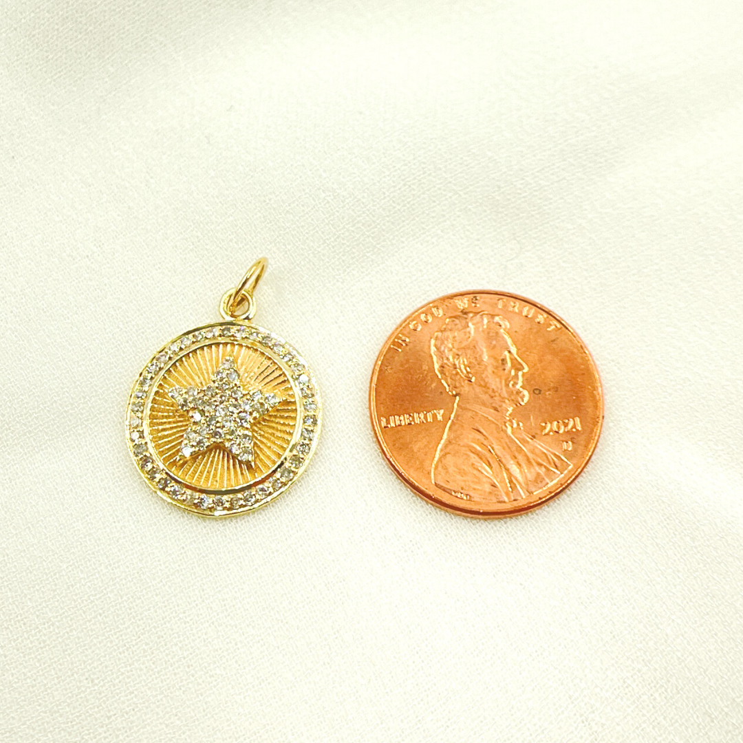 14K Solid Gold Diamonds & Gemstone Star Round Charm. GDP361