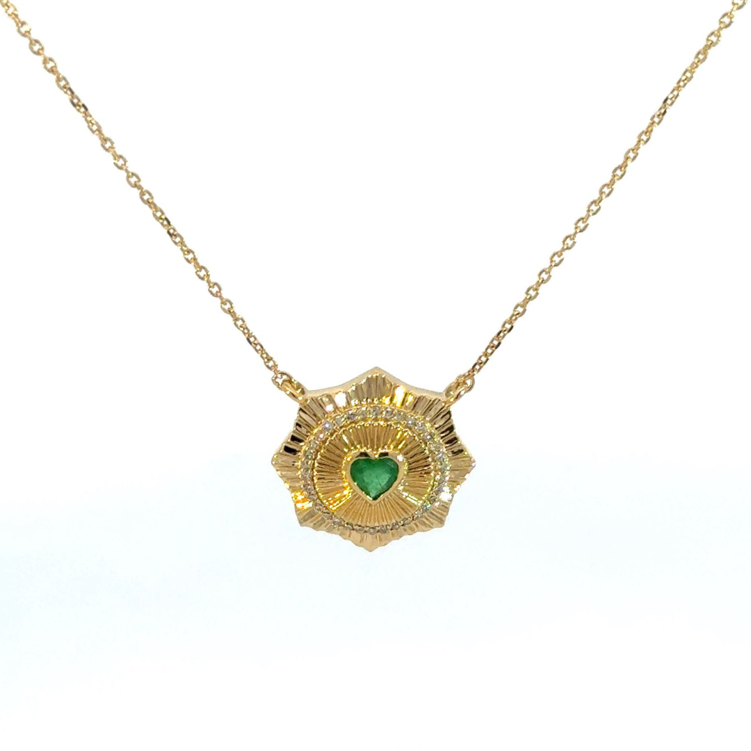 14k Solid Gold Emerald Heart and Diamond Necklace. CN96235EM