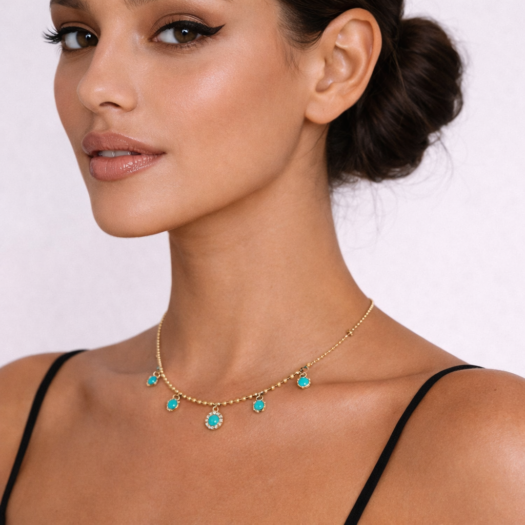 NFE72365. 14K Solid Gold Round Gemstone and Diamond Fancy Necklace