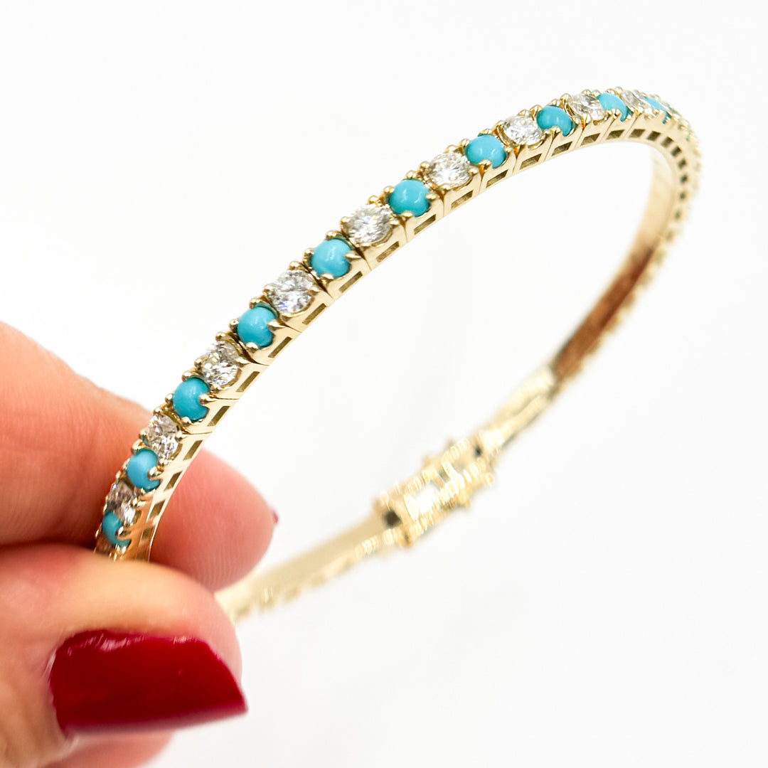 BTM68424TQO1. 14K Solid Yellow Gold Diamond and Turquoise Bangle