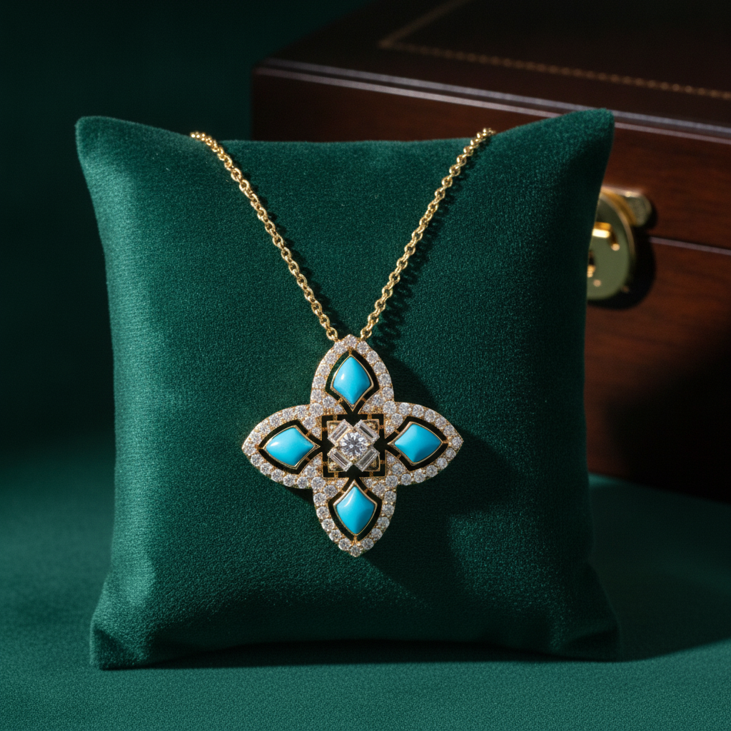 DPE00986TQ. 14K Solid Gold Diamond and Turquoise Flower Pendant