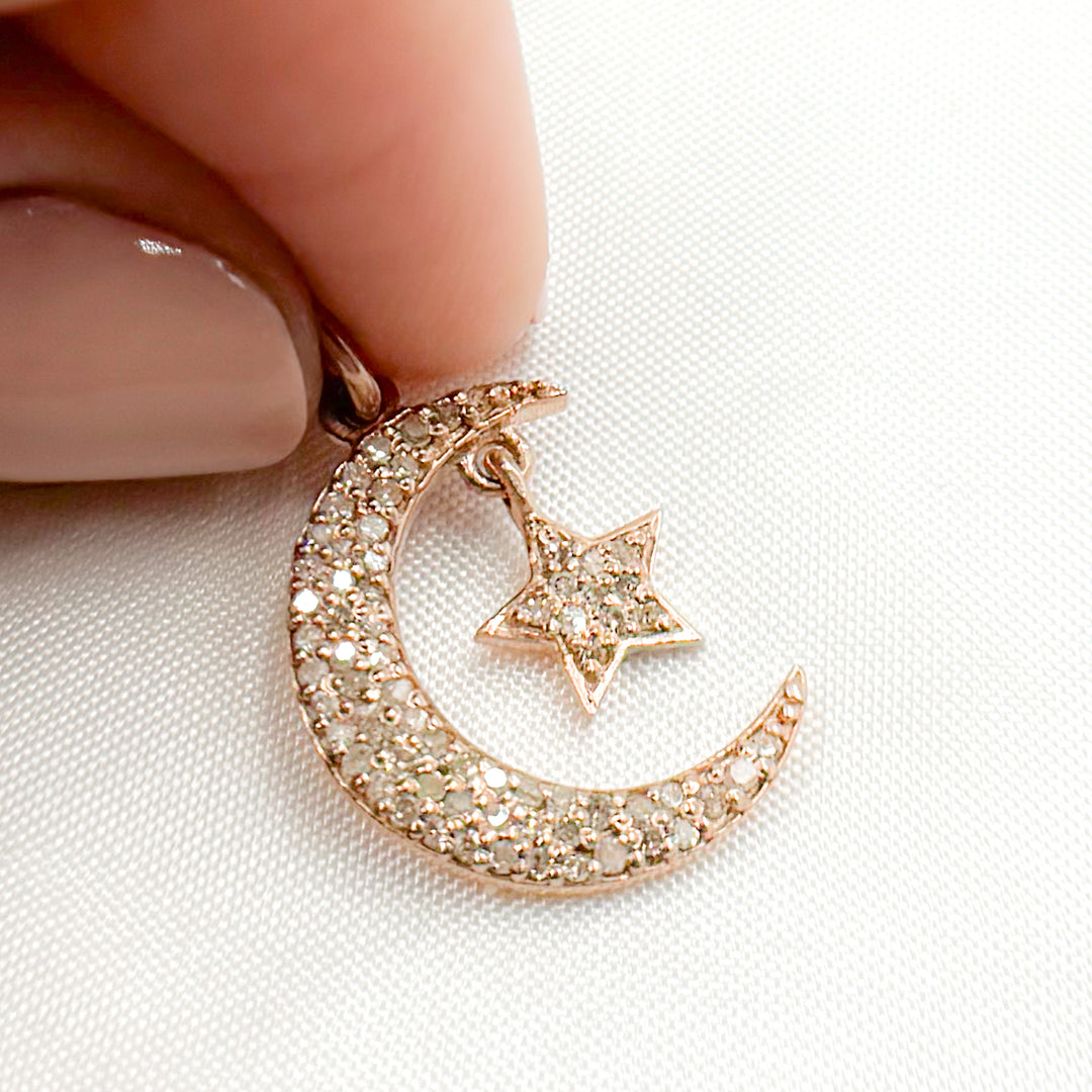 DC417. Diamond Sterling Silver Moon and Dangle Star Pendant