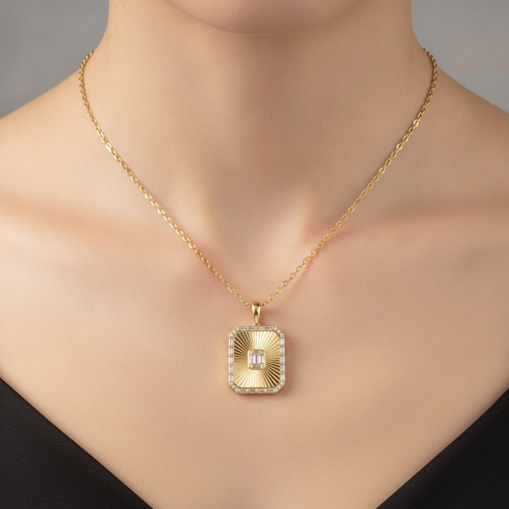 PFE33148. 14K Solid Gold Diamond Rectangle Necklace