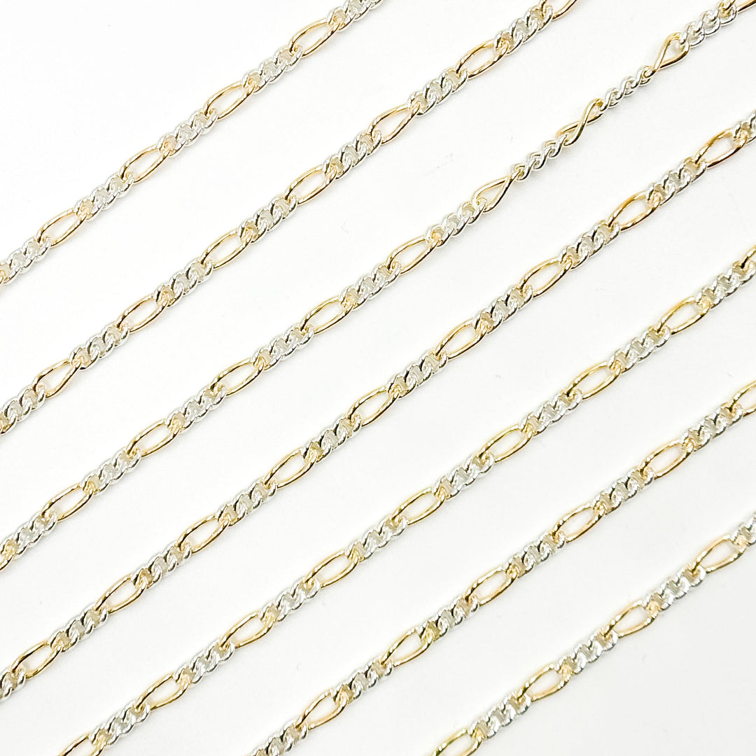 XM/3831C. 14K Gold Filled & Sterling Silver Figaro Link Chain – Long Gold, Short Silver Pattern