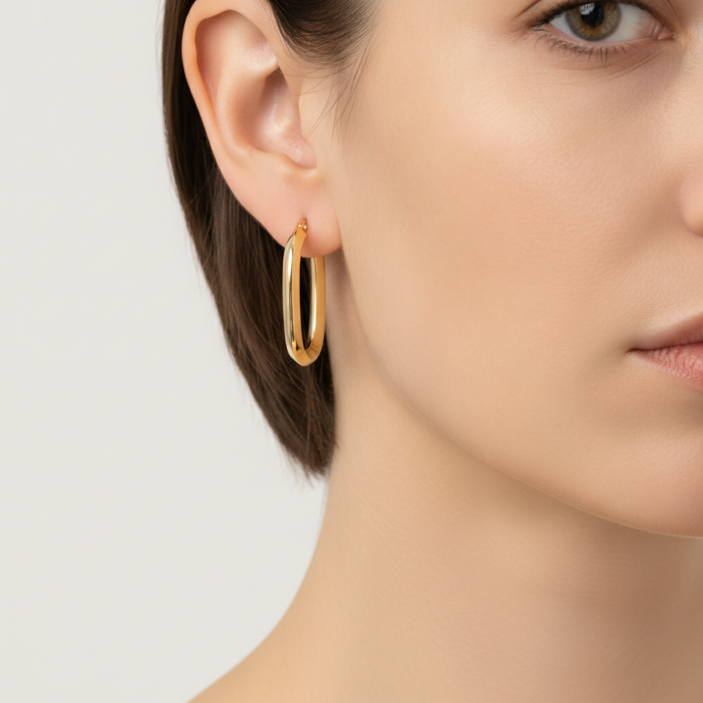 15850021777.  14K Solid Gold Fancy Rectangle Hollow Hoop Earrings