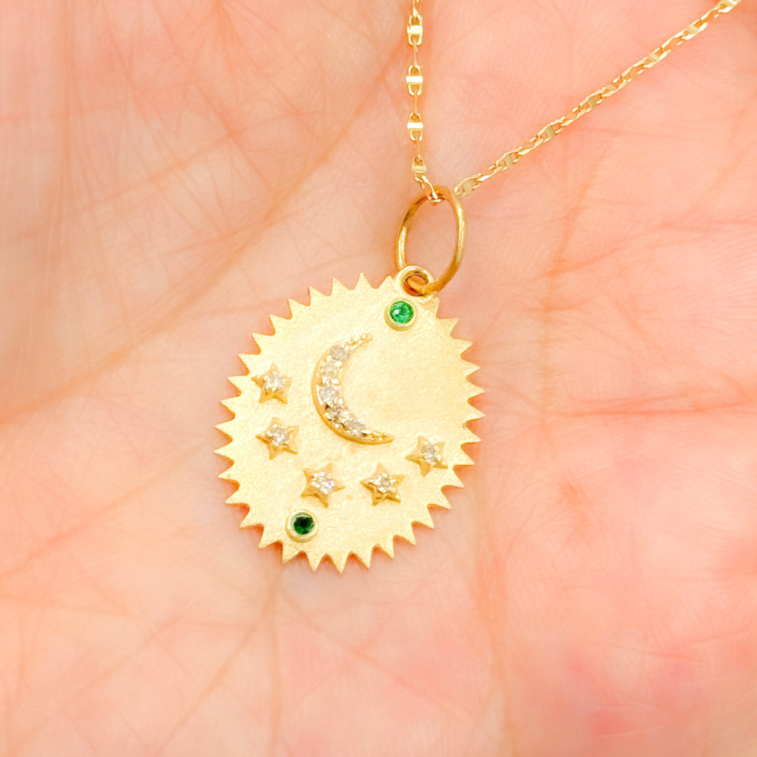 14K Solid Gold with Diamond Oval Shape Charm with Moon and Stars in the Center. GDP624