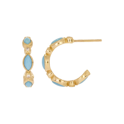 CE97071TQ5X2.5. 14K Solid Gold Diamonds and Turquoise Hoops
