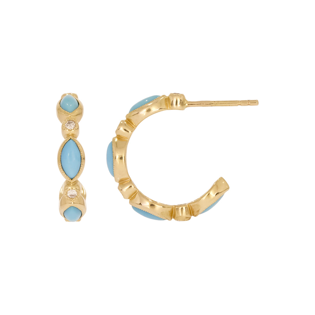 CE97071TQ5X2.5. 14K Solid Gold Diamonds and Turquoise Hoops