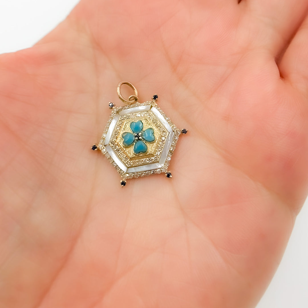 14K Solid Gold Hexagon Clover Pendants