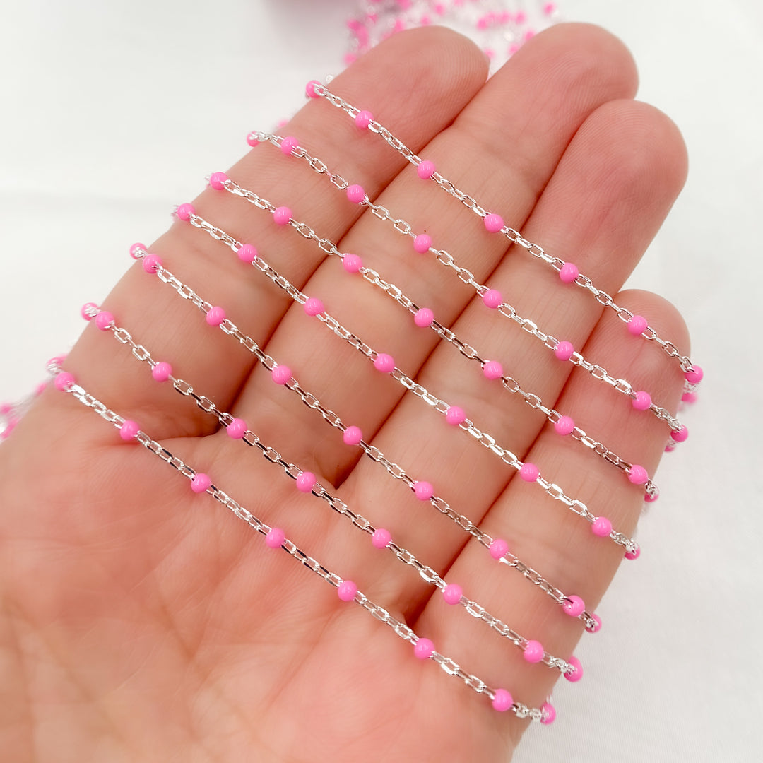 V203PKSS.  Sterling Silver Pink Color Enamel Chain