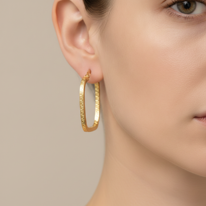 15850000415. 14K Solid Gold Textured Square Hollow Hoop Earrings