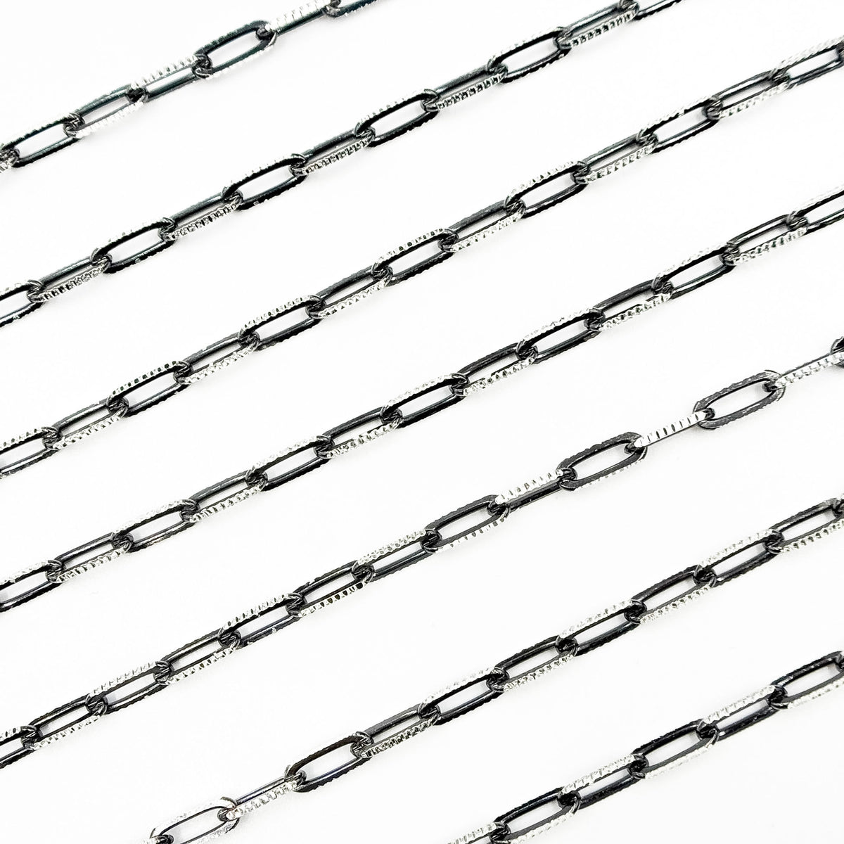 Z113SB. Two Tone Sterling Silver and Black Rhodium Paperclip Textured Chain