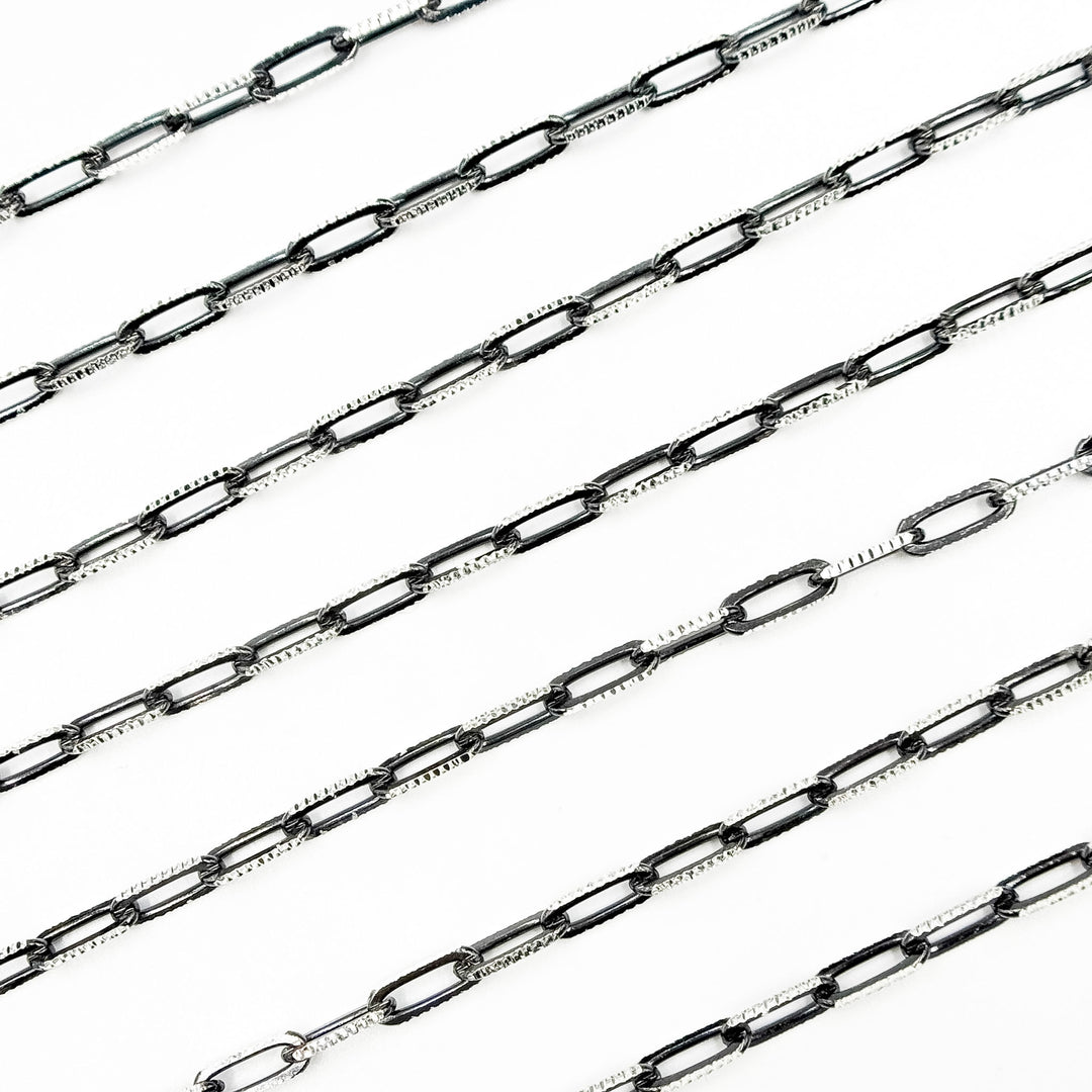 Z113SB. Two Tone Sterling Silver and Black Rhodium Paperclip Textured Chain