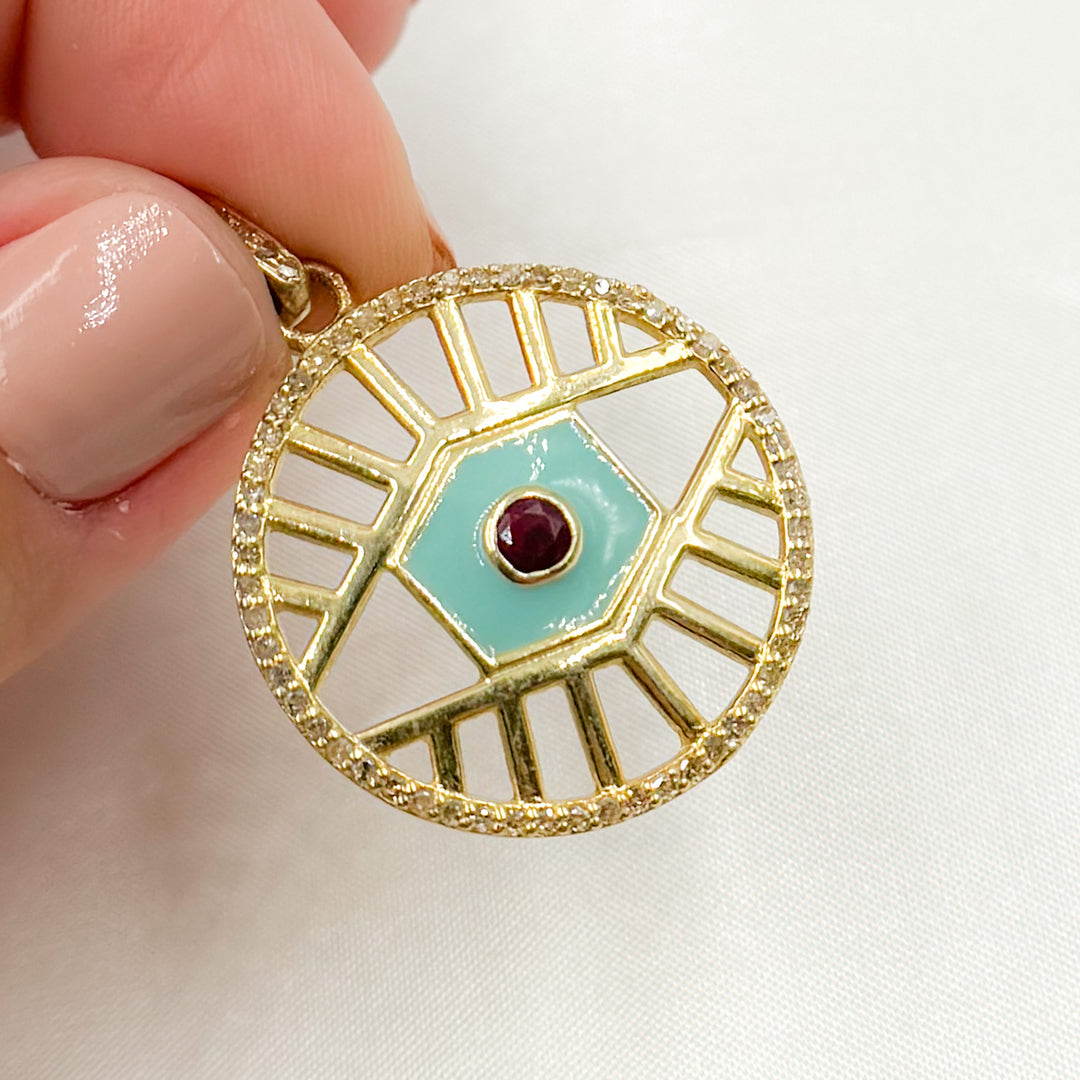 DP850A. Diamond Sterling Silver Round Eye Enamel Pendant with Gemstone