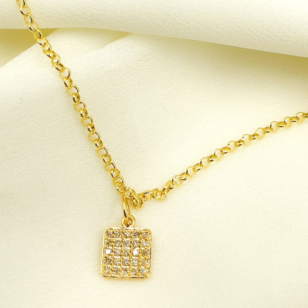 14K Solid Gold with Diamonds Square Shape Charm