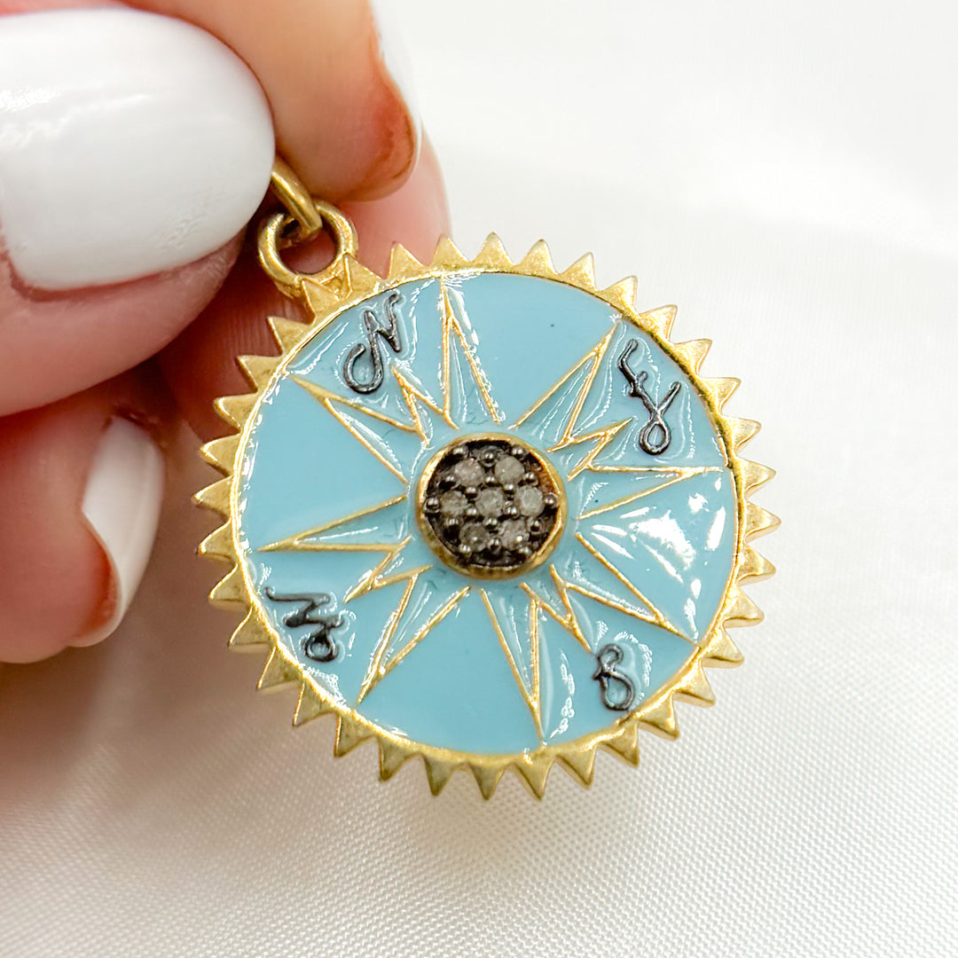 DP600A. Diamond Sterling Silver Round Compass Enamel Pendant