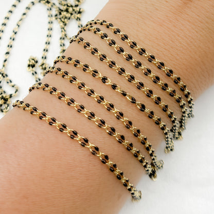 Sterling Silver Gold Plated Black Enamel Cable Link Chain