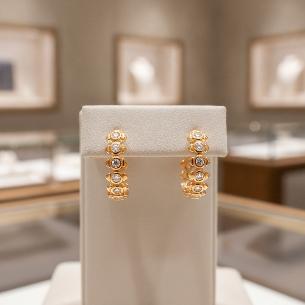 EHD57448. 14k Solid Yellow Gold Diamond Fancy Hoop Earrings