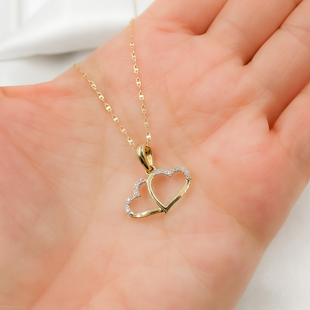 14K Solid Gold Two Heart Charm with Diamonds. EJP1519