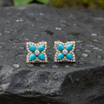 Load image into Gallery viewer, CE97451TQ4X3. 14K Solid Yellow Gold Diamond and Turquoise Flower Stud Earring